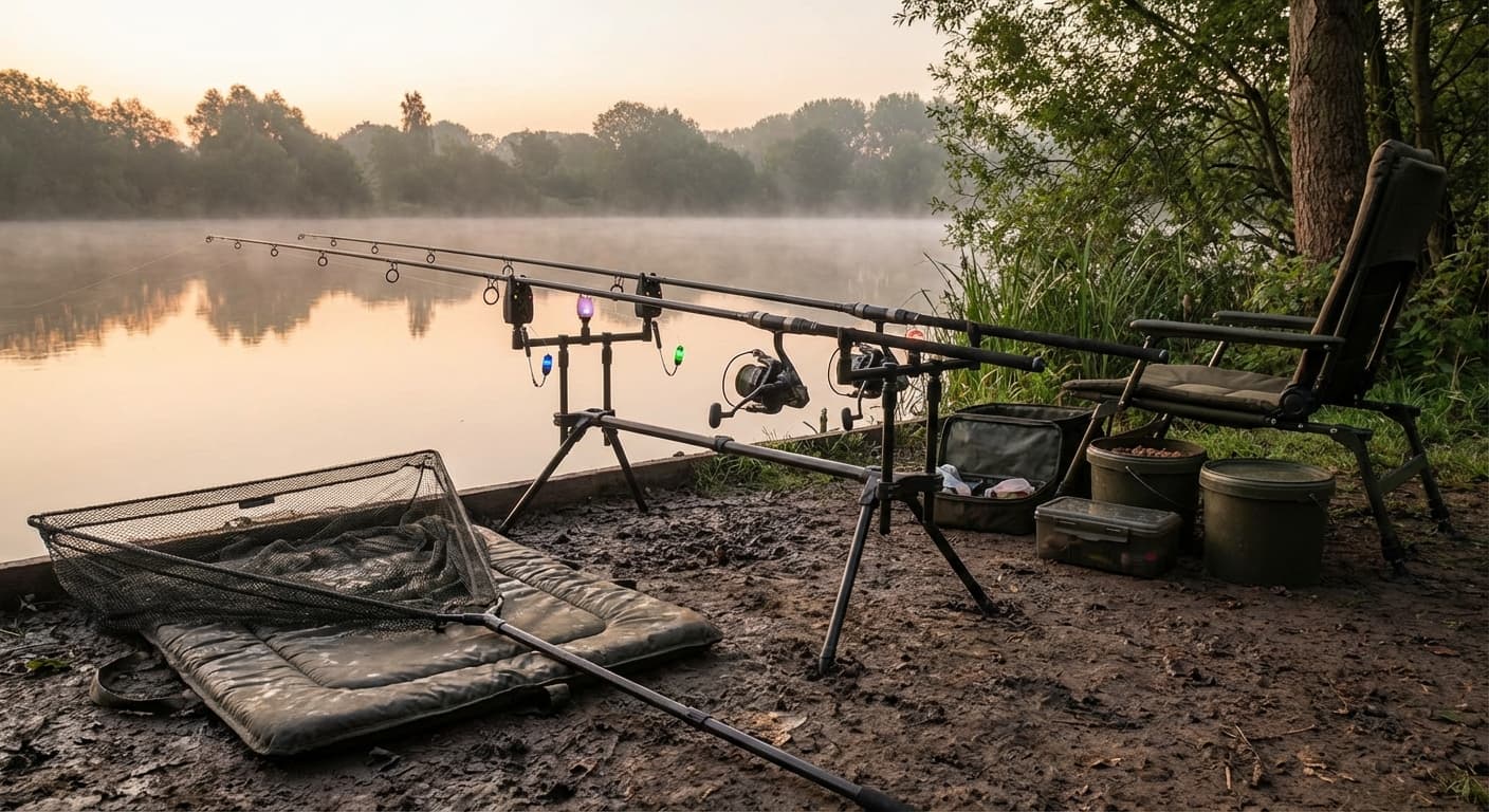 Klassisches Karpfen-Ansitz-Setup mit drei Ruten auf Rod Pod und elektronischen Bissanzeigern