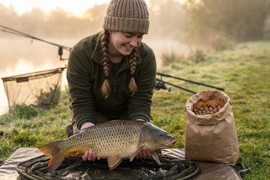 Verschiedene Boilies in unterschiedlichen Farben und Größen