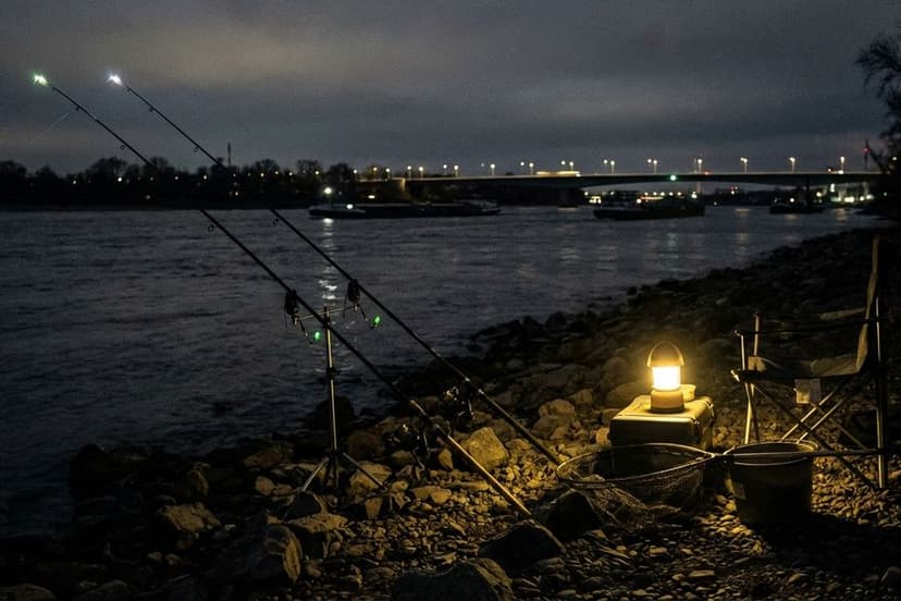 Aalangeln mit Grundmontage bei Nacht am Rhein