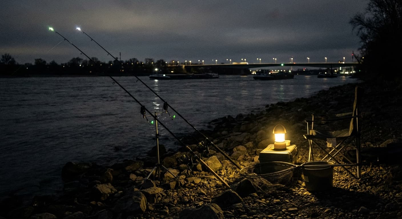Aalangeln mit Grundmontage bei Nacht am Rhein
