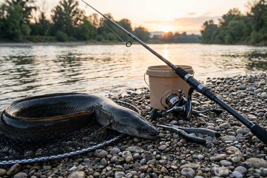 Kapitaler Aal mit verschiedenen Ködern bei Abenddämmerung