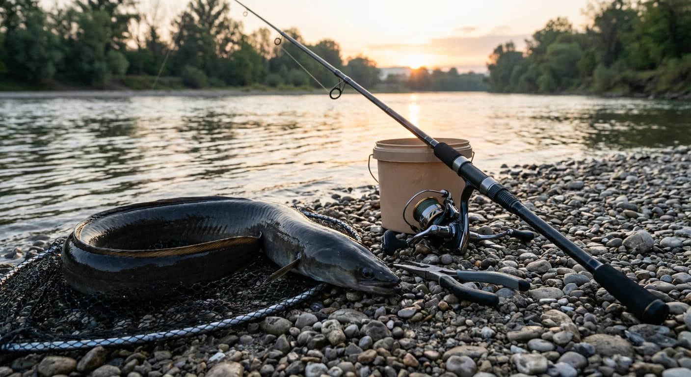 Kapitaler Aal mit verschiedenen Ködern bei Abenddämmerung