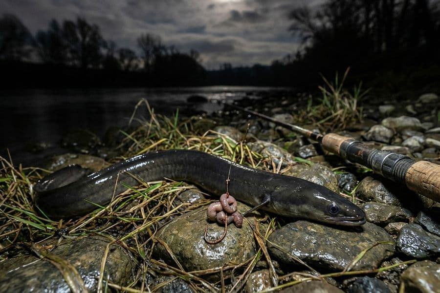 Aal mit Tauwurm bei Nachtangeln am Fluss