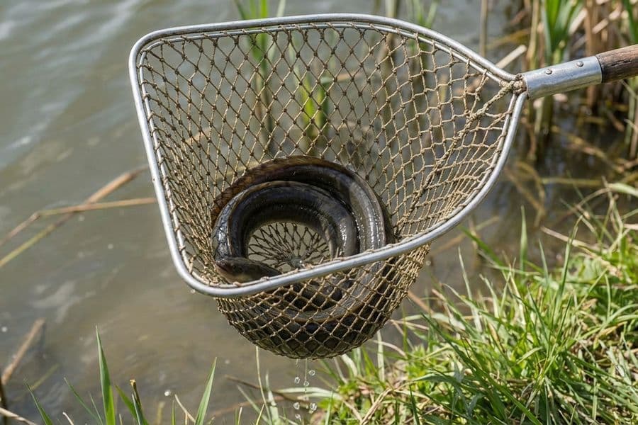 Aalangeln bei Dämmerung am Rhein-Ufer im Spätsommer