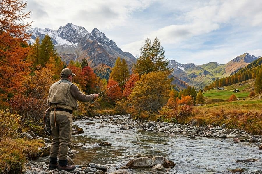 Fliegenfischer drillt kapitale Äsche im Gebirgsbach