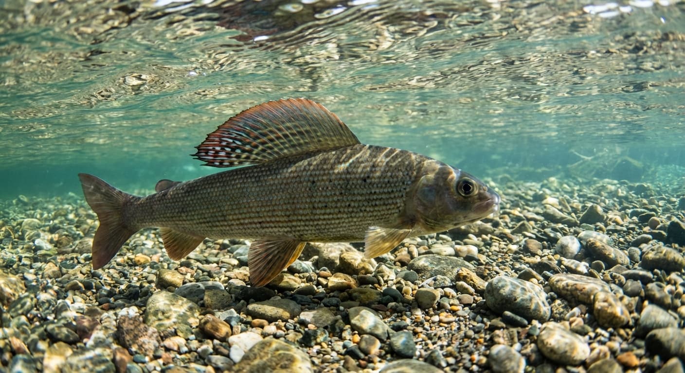 Äsche mit charakteristischer Rückenflosse in klarem Fließgewässer
