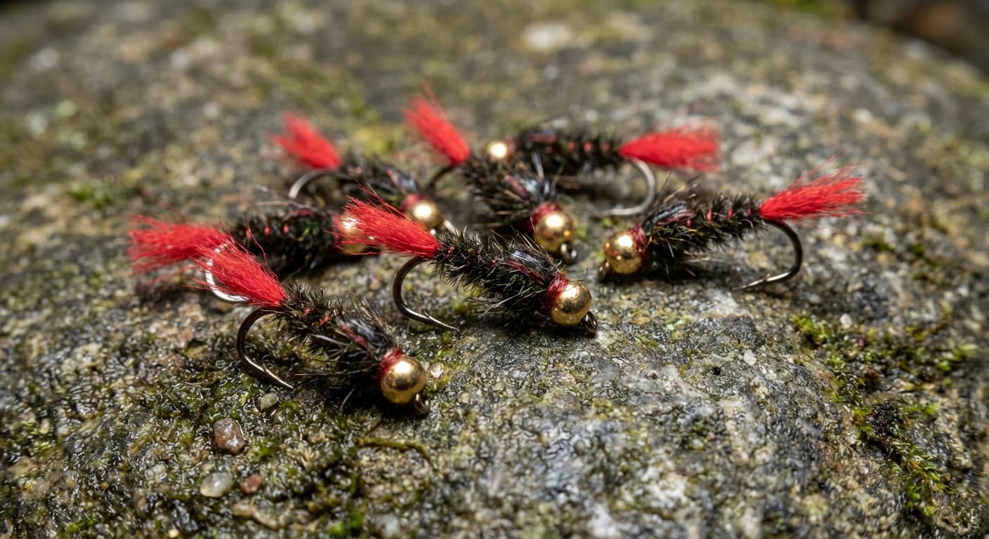 Äschenfliegen-Auswahl Red Tag Nymphen Goldkopf