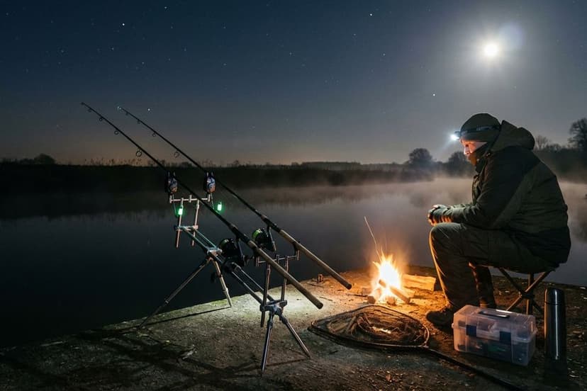 Aalangler bei Nacht an einer Buhne der Aller mit aufgestellten Ruten und Bissanzeiger