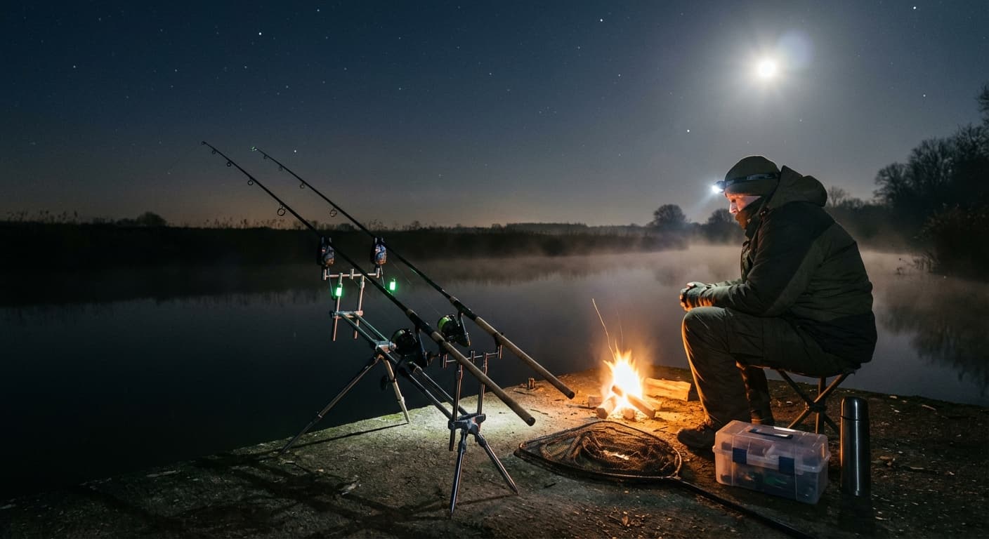 Aalangler bei Nacht an einer Buhne der Aller mit aufgestellten Ruten und Bissanzeiger
