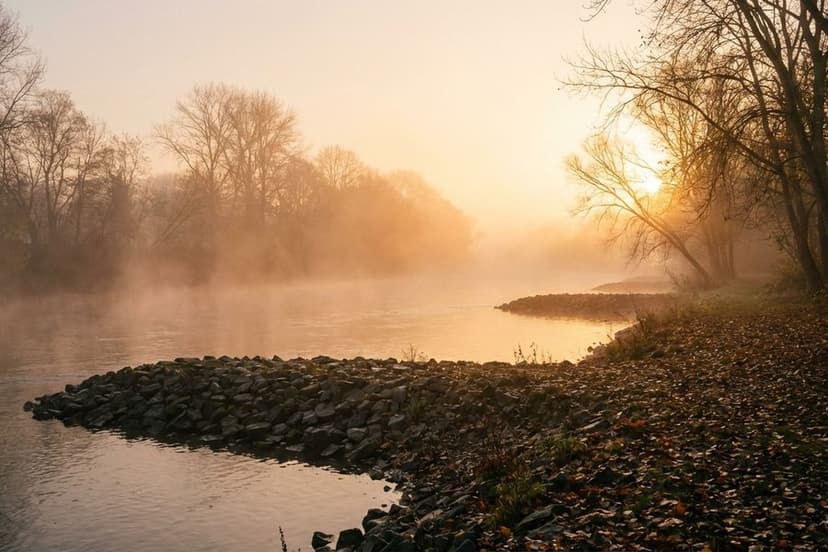 Aller mit Buhnen im Herbst, Nebel über dem Wasser bei Sonnenaufgang
