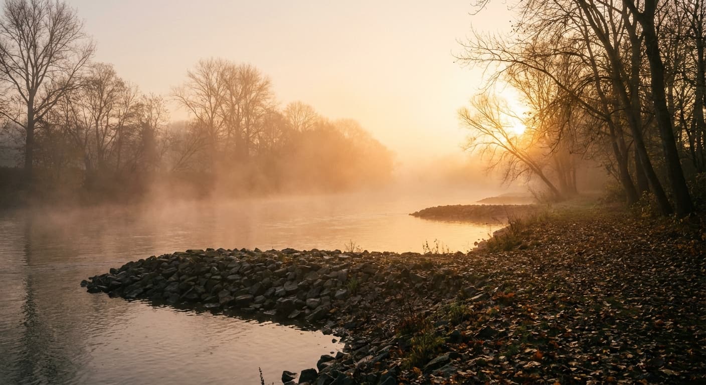 Aller mit Buhnen im Herbst, Nebel über dem Wasser bei Sonnenaufgang