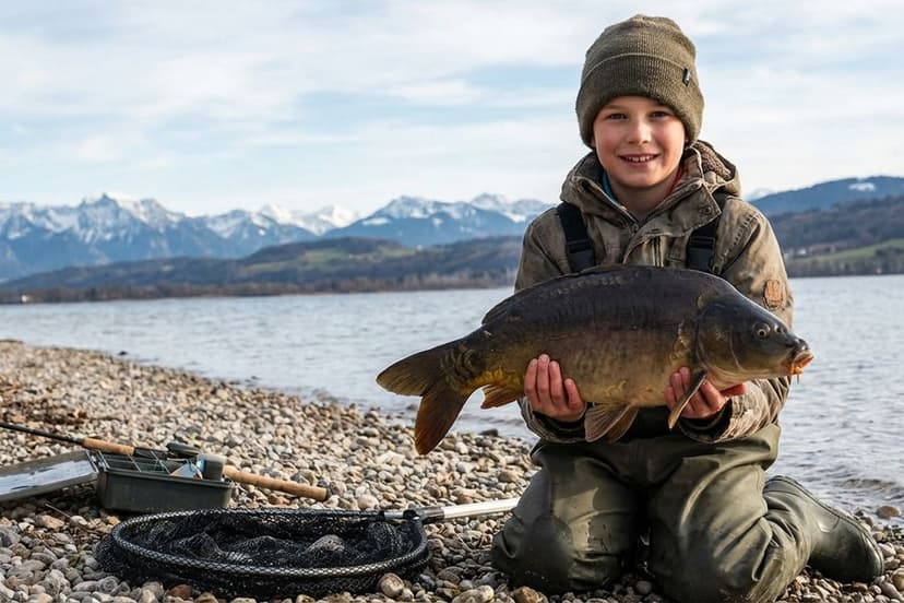 Angler mit Karpfenruten am Ufer des Ammersees bei Herrsching mit Blick auf die Alpen