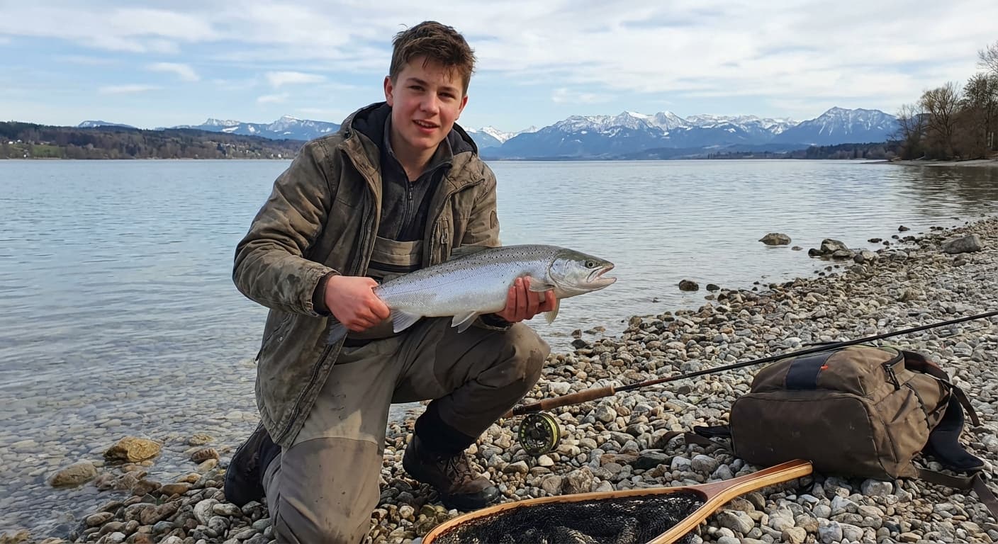 Angler mit Spinnrute beim Seeforellenangeln am Ammersee im Frühjahr