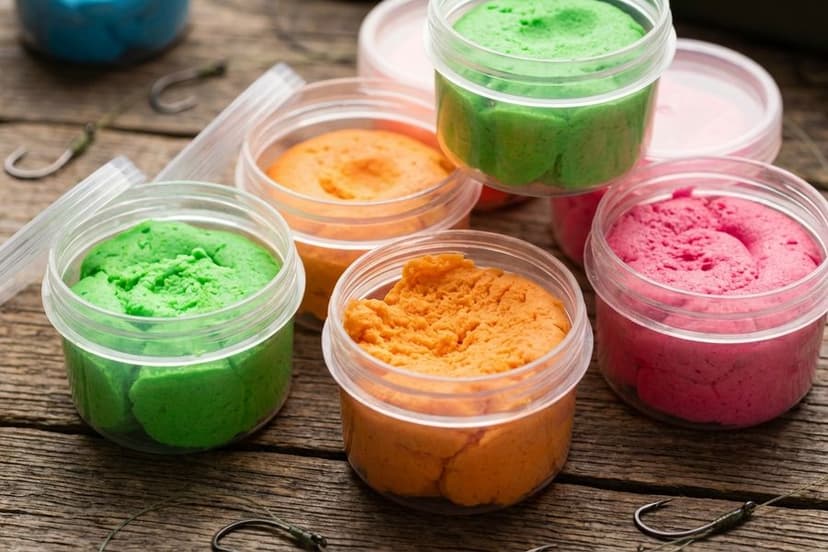 Verschiedene bunte Angelteige in Dosen – Forellenteig in Grün, Orange und Pink