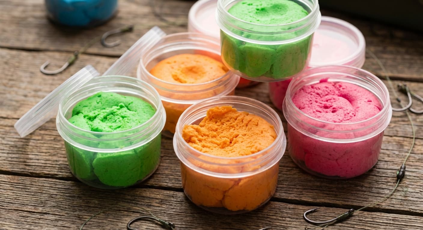 Verschiedene bunte Angelteige in Dosen – Forellenteig in Grün, Orange und Pink