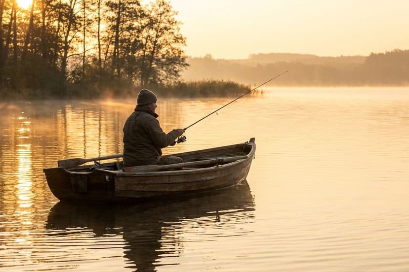 Weiter Blick über den Arendsee mit Boot und Angler beim Hechtangeln im Morgenlicht