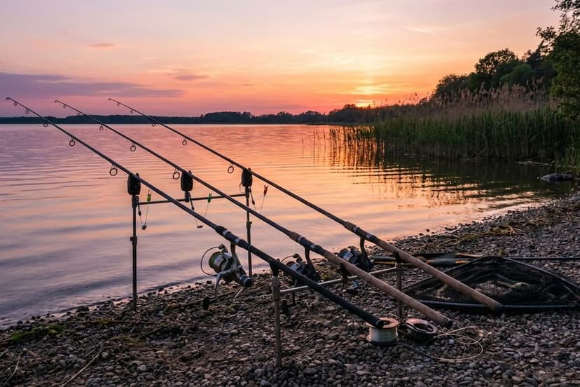 Angler beim Karpfenangeln am Arendsee mit Ruten am Ufer bei Sonnenuntergang