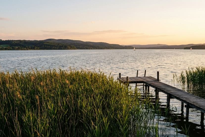 Panoramablick auf den Arendsee vom Nordufer mit Schilfgürtel und Angelsteg
