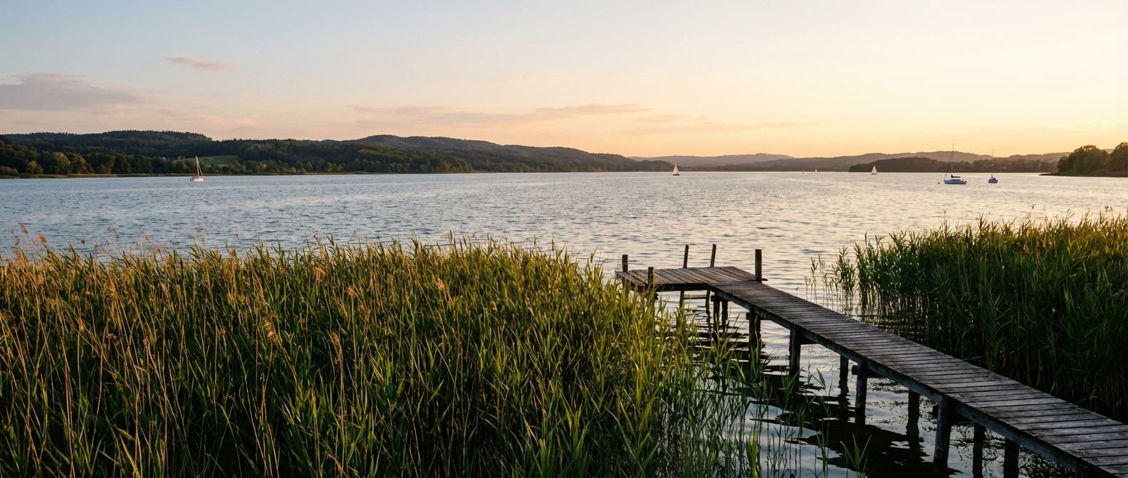 Panoramablick auf den Arendsee vom Nordufer mit Schilfgürtel und Angelsteg