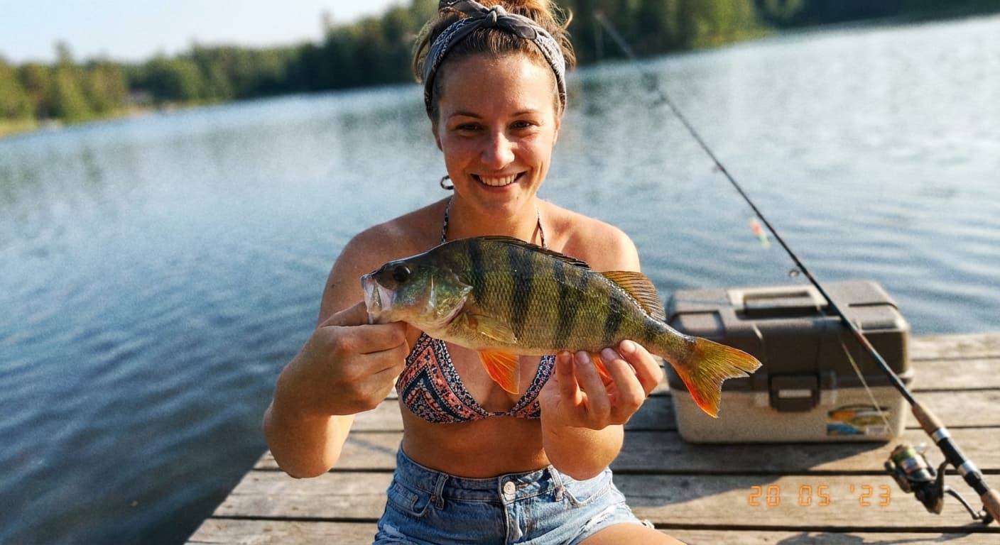 Angler beim Barsch-Spinnfischen am Ufer mit Ultra-Light-Rute