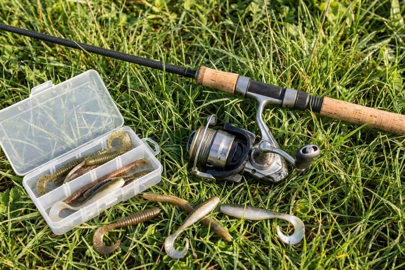 Leichte Spinnrute mit Stationärrolle und Gummifisch-Ködern