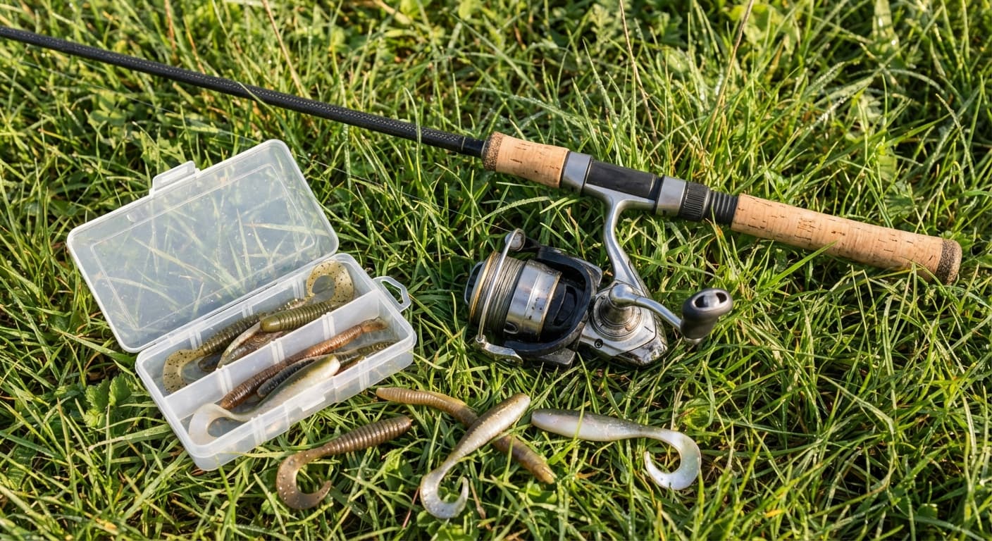 Leichte Spinnrute mit Stationärrolle und Gummifisch-Ködern