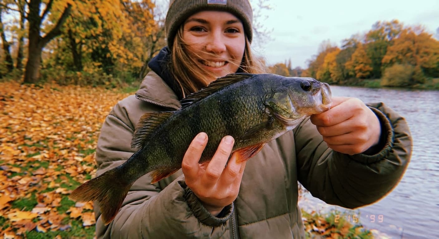 Großer Barsch gefangen im Herbst mit herbstlichem Laub im Hintergrund