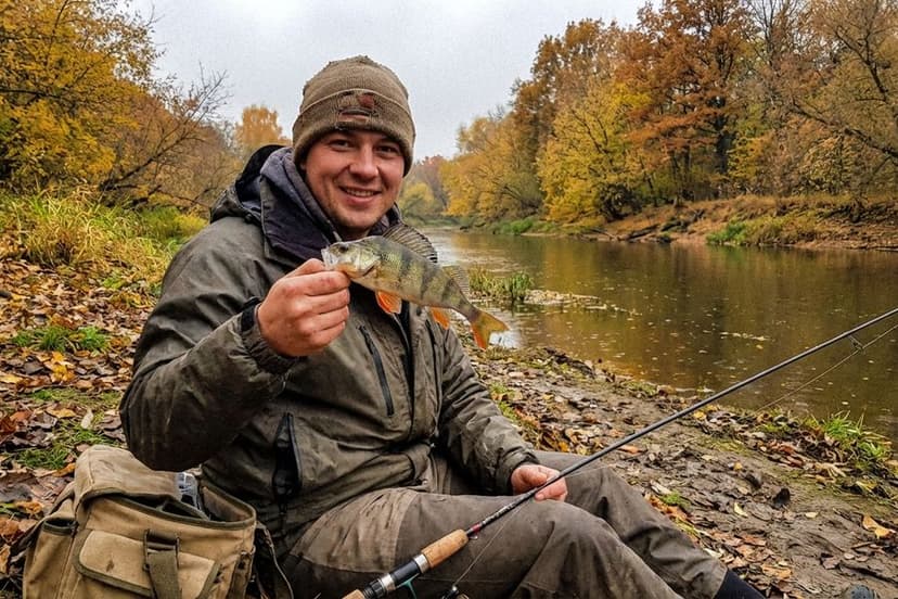 Großer Barschschwarm im klaren Herbstwasser unter abfallender Uferkante