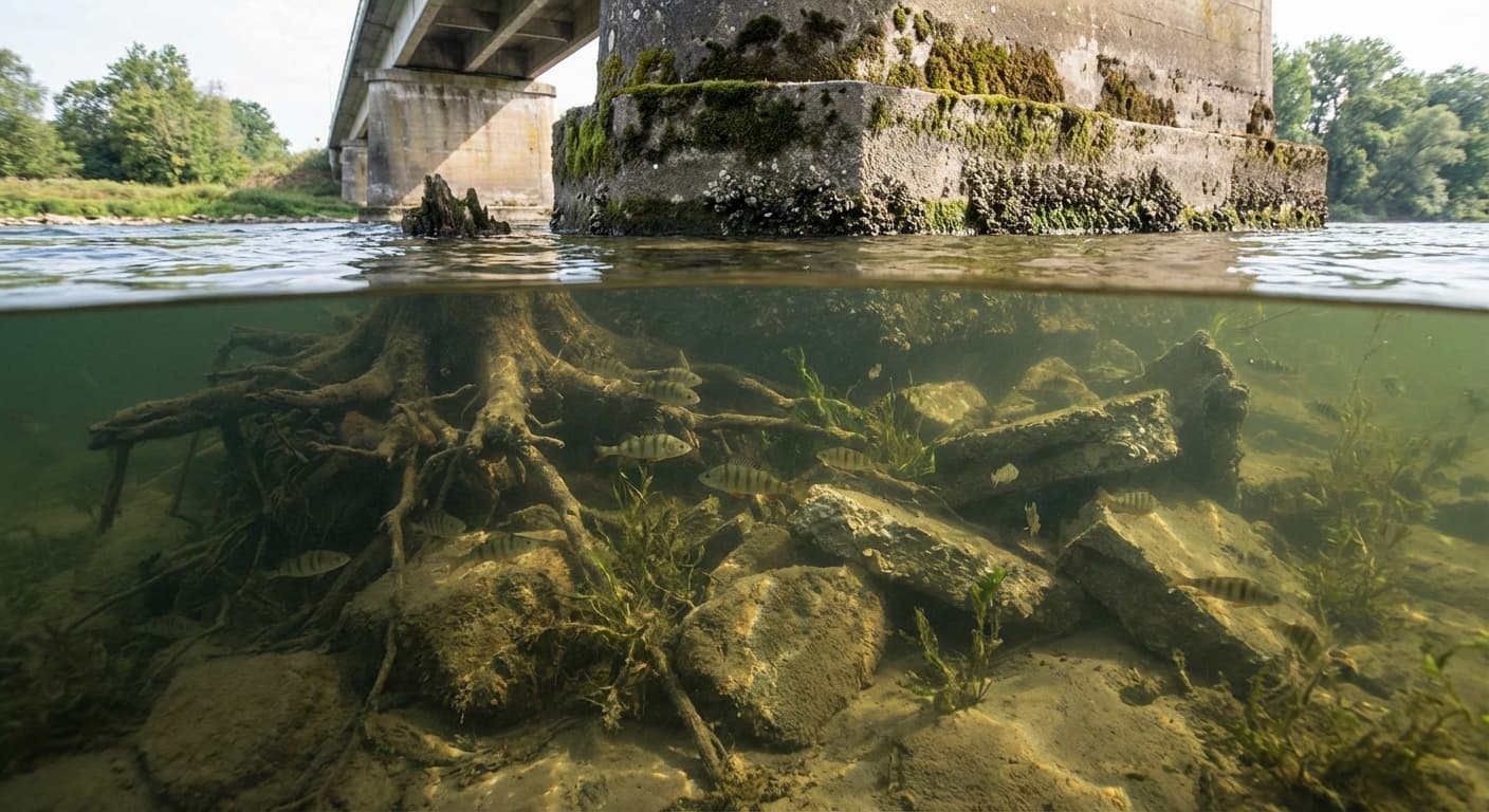 Brückenpfeiler im Fluss als Barsch-Hotspot mit Strukturen
