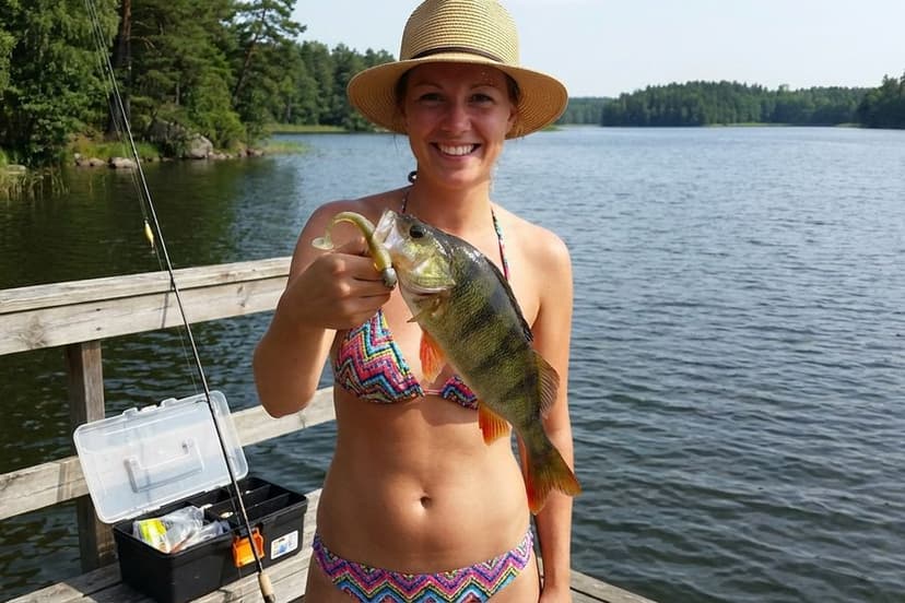 Angler hält kapitalen Barsch nach erfolgreichem Jiggen am Wasser