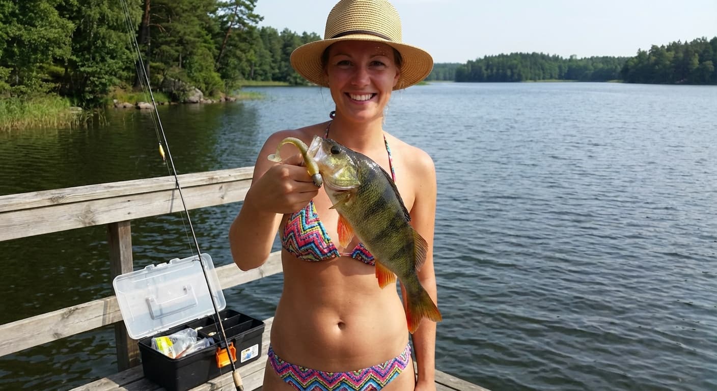 Angler hält kapitalen Barsch nach erfolgreichem Jiggen am Wasser