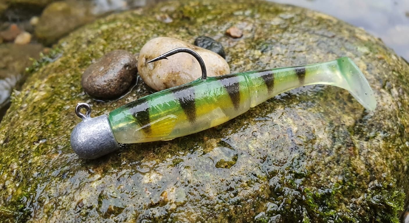 8cm Gummifisch in Barschdekor montiert am Jighaken