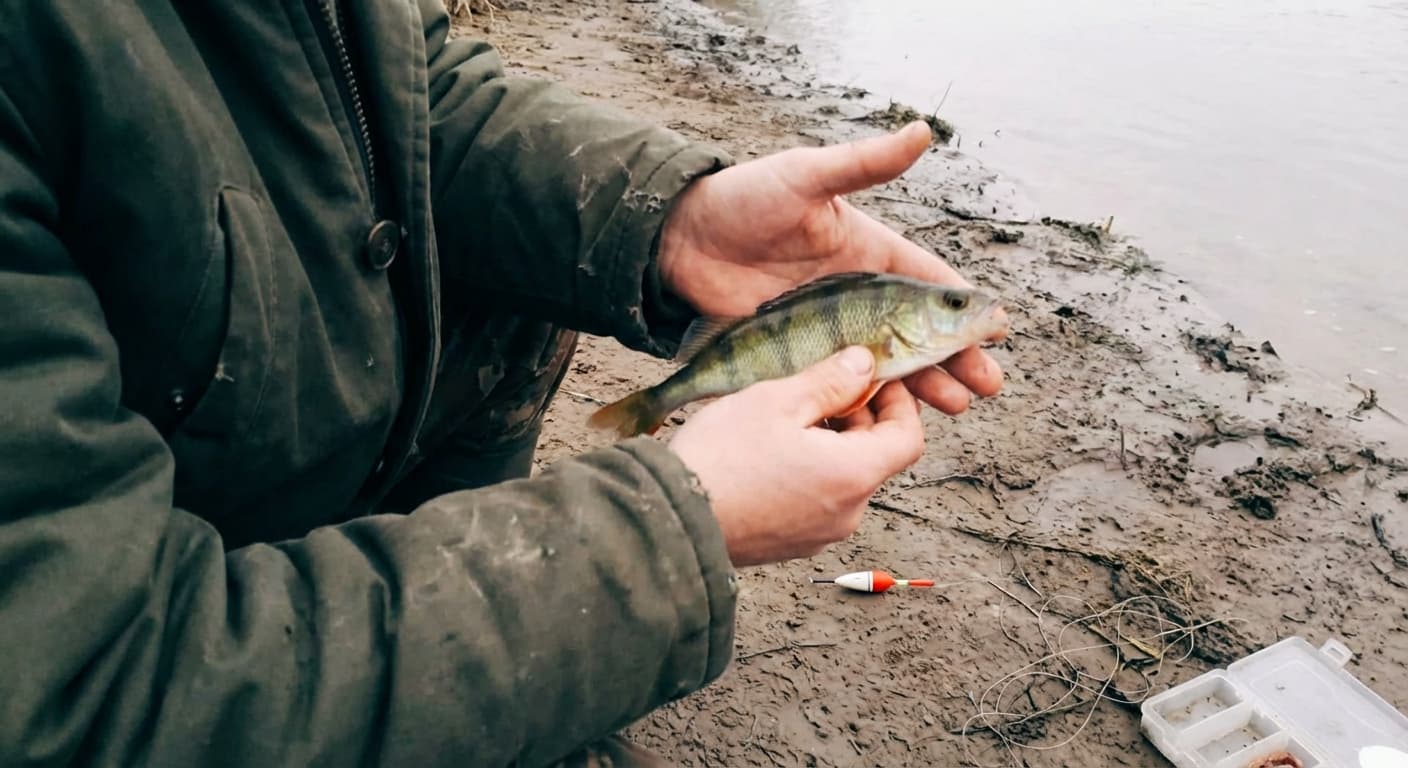 Angler am Ufer beim Posenangeln auf Barsch mit klassischer Feststellpose