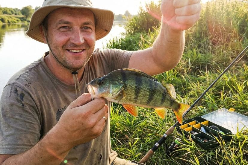 Angler beim frühmorgendlichen Barschfischen im Sommer am See mit aufgehender Sonne