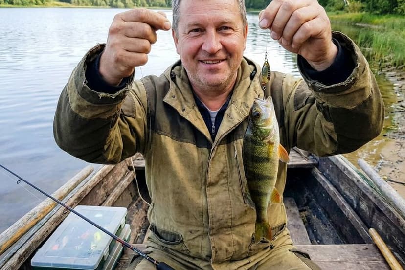 Angler beim Spinnfischen auf Barsch am Fluss mit Gummiköder