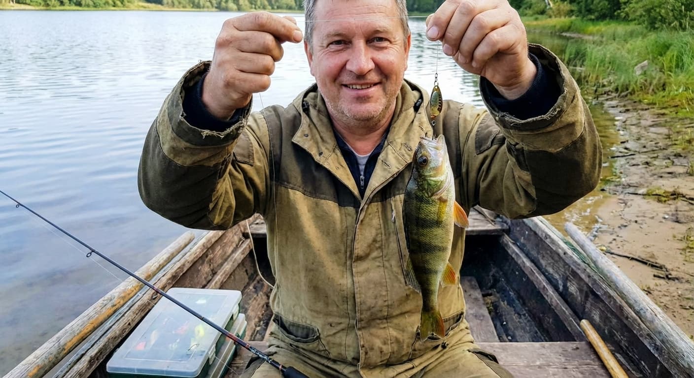 Angler beim Spinnfischen auf Barsch am Fluss mit Gummiköder