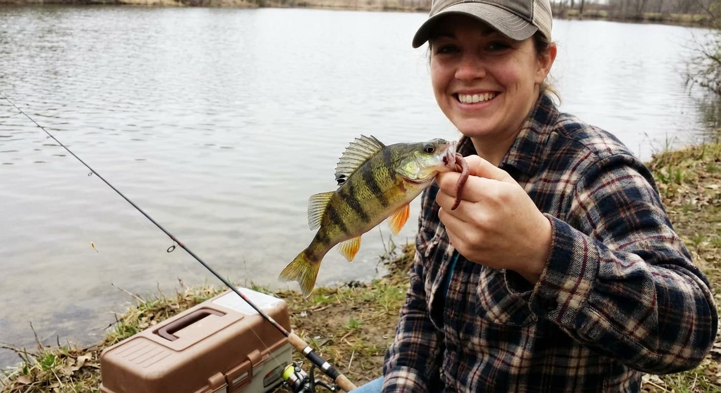 Kapitaler Barsch gefangen mit Tauwurm am Haken – natürlicher Köder für große Barsche