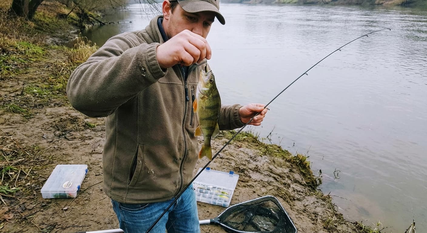 Ultralight-Rute mit gebogener Spitze beim Barsch-Drill am Fluss