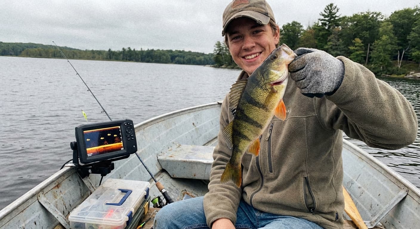 Angler beim Vertikalangeln auf Barsch vom Boot mit Echolot und Baitcaster-Rute