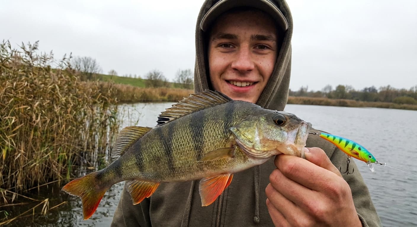 Kapitaler Barsch mit Wobbler im Maul wird über Wasser gehalten