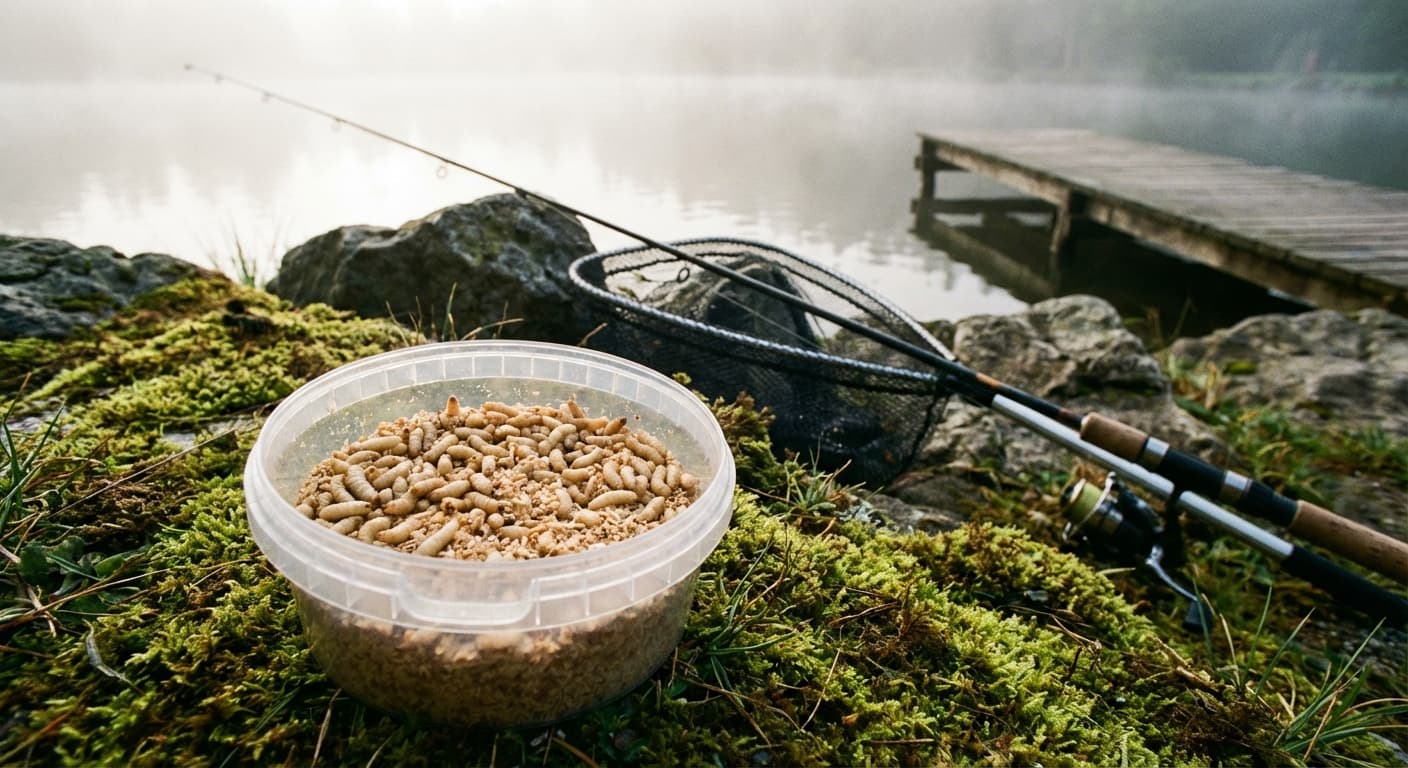 Angler präsentiert gefangene Forelle mit Bienenmade am Forellensee bei Dämmerung