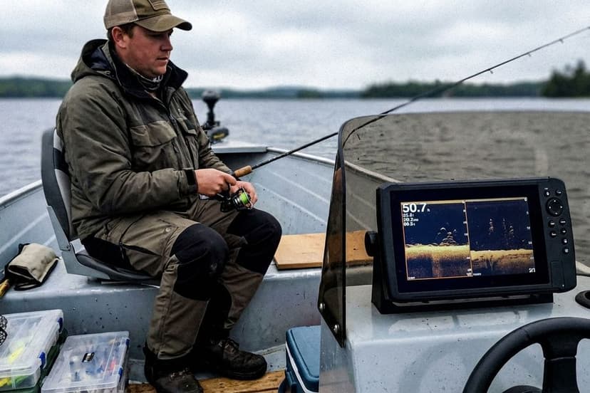 Angler im Boot mit Echolot auf ruhigem See bei Sonnenaufgang