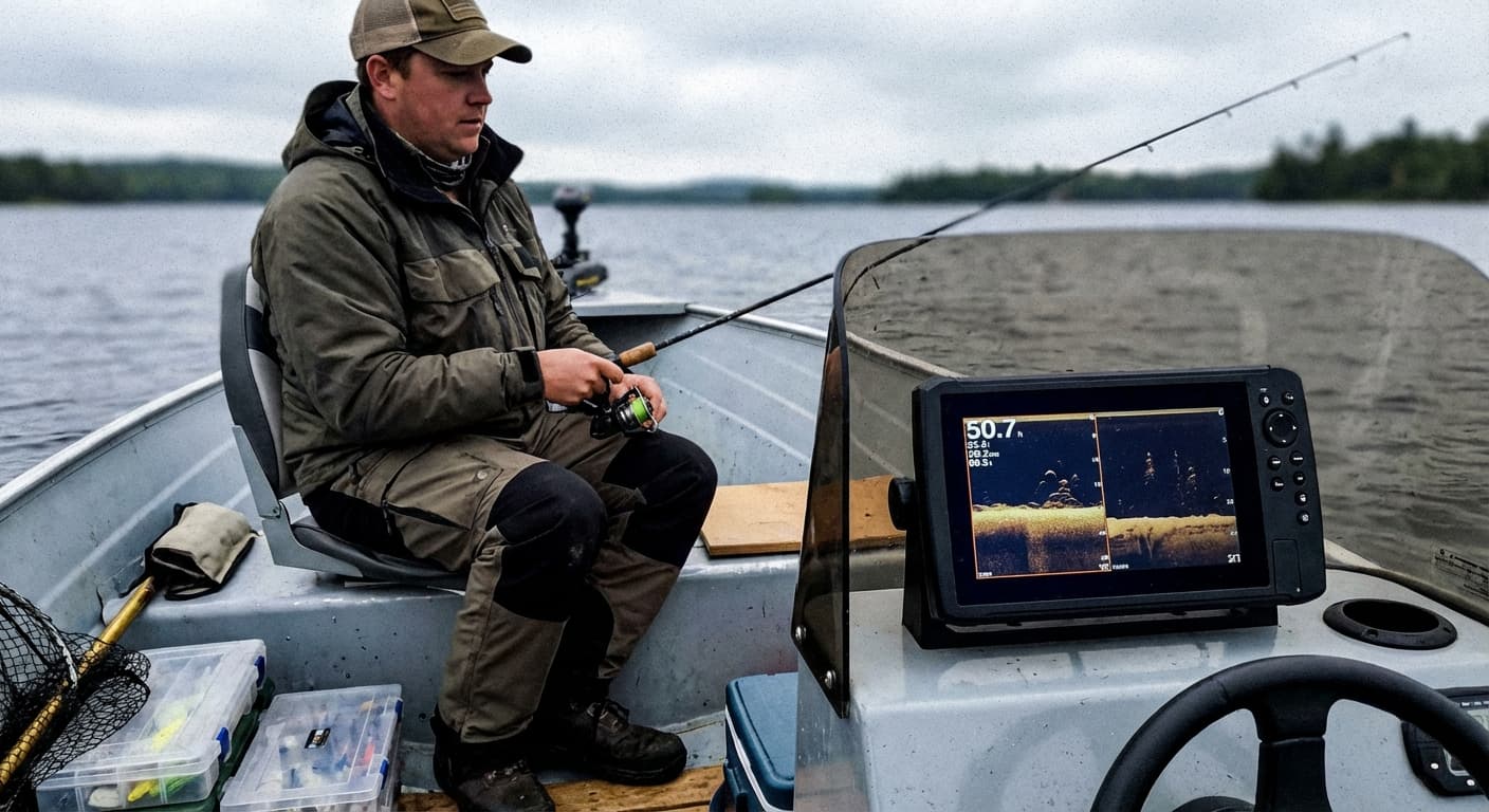 Angler im Boot mit Echolot auf ruhigem See bei Sonnenaufgang