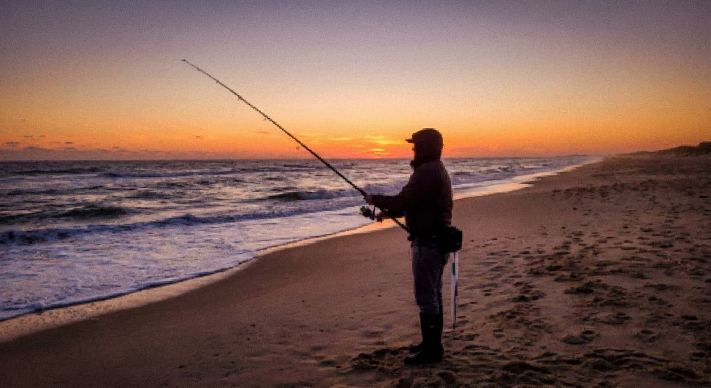 Brandungsangler beim Auswerfen der Montage am Meeresstrand bei Sonnenuntergang