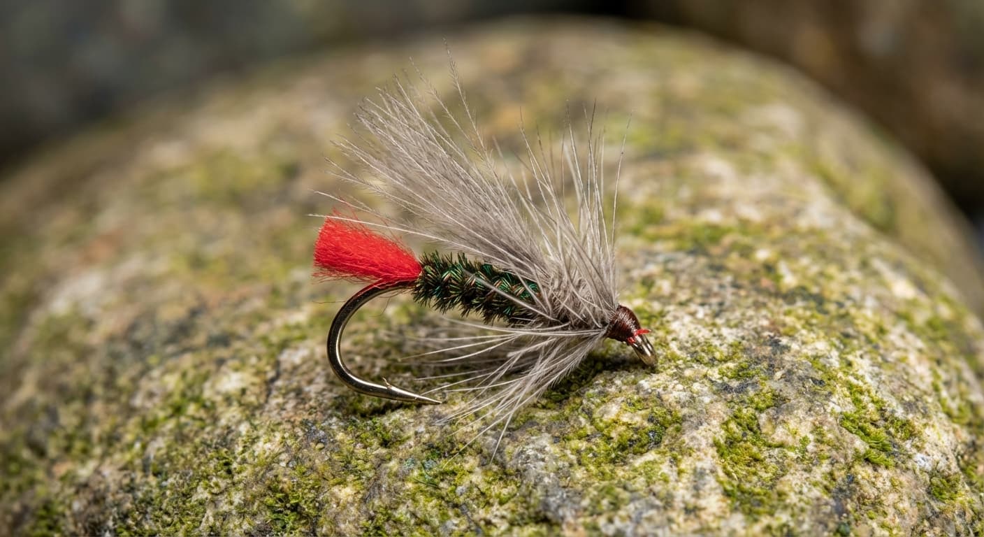 CDC-Fliege für Äsche – Red Tag Muster in Detailaufnahme