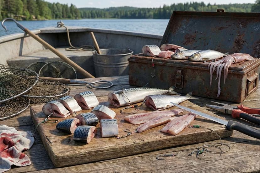 Angler schneidet frischen Köderfisch in Fetzen mit scharfem Messer