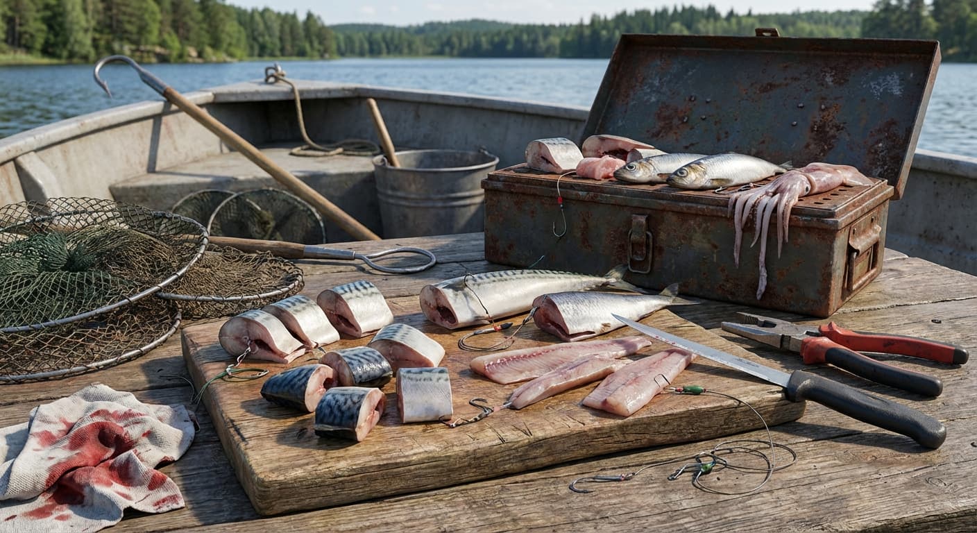 Angler schneidet frischen Köderfisch in Fetzen mit scharfem Messer