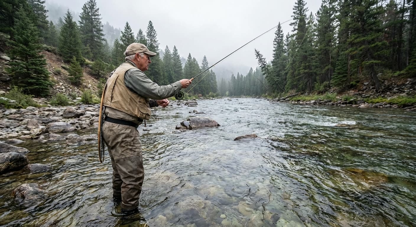 Fliegenfischer beim Äschenangeln im klaren Fluss