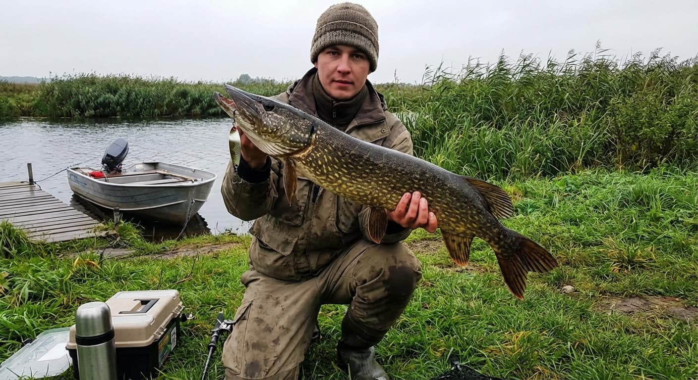 Hechtangeln mit Blinker über Krautfeld am See