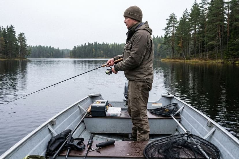 Angler im Boot beim Hechtangeln mit Echolot und Rutenhaltern auf großem See